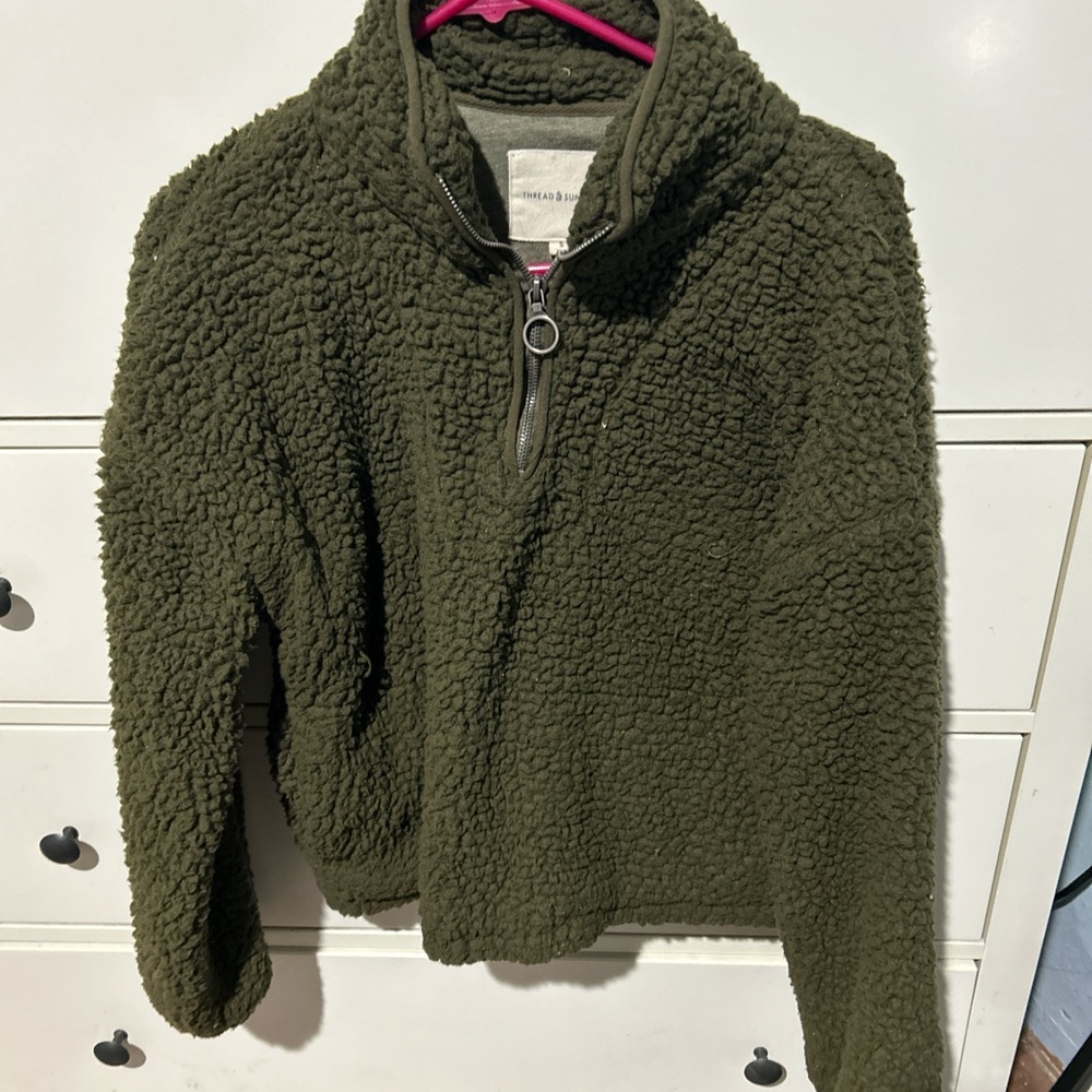 Thread & Supply Olive Green Sherpa Quarter-Zip Sweater